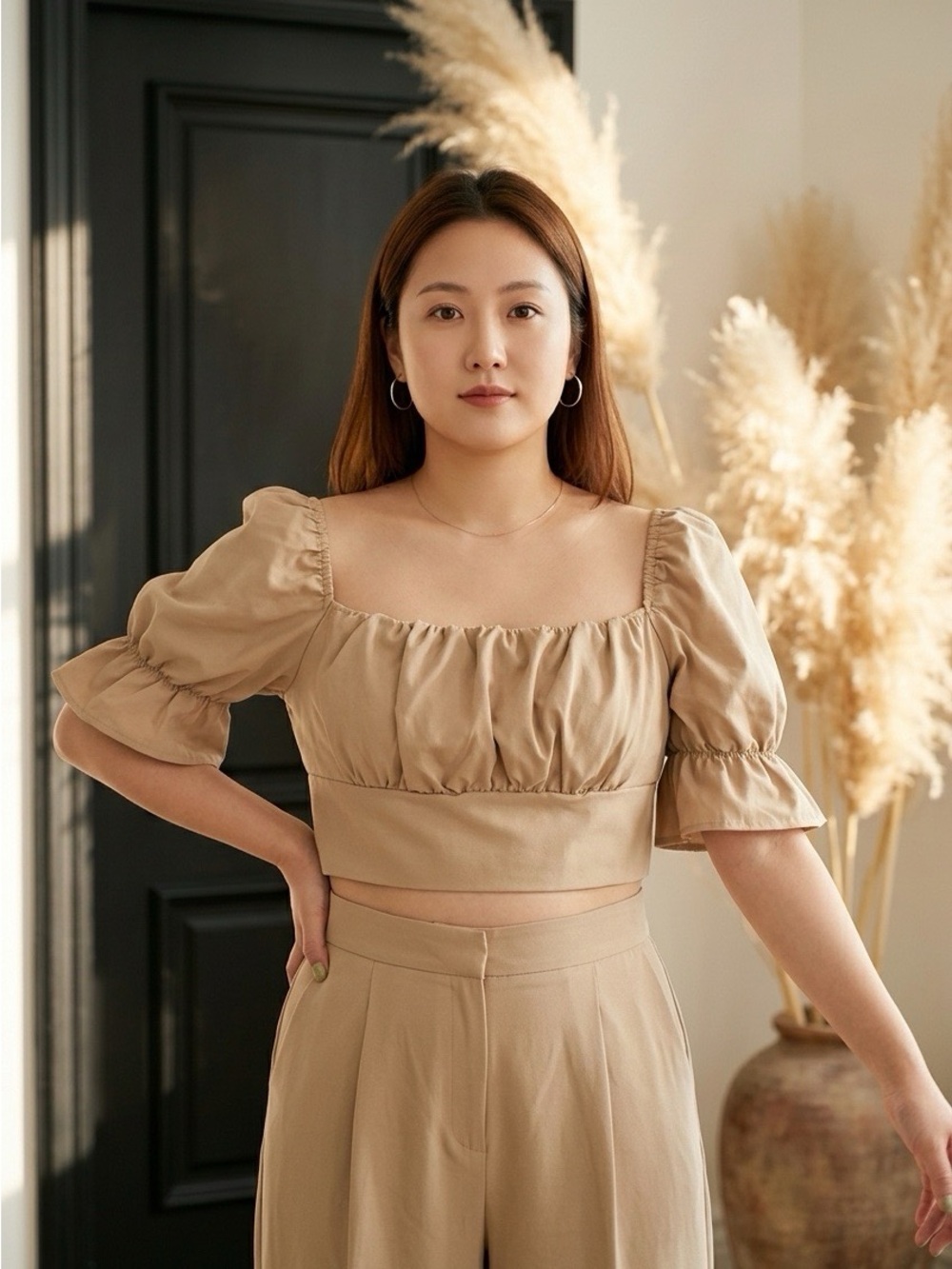 SHEIN Puff Sleeve Square Neck Cropped Top in Tan